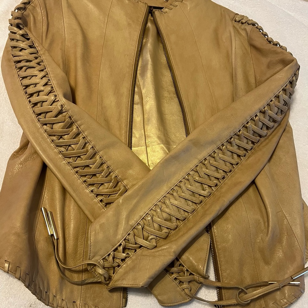 Tan Leather Jacket with Braided Detail